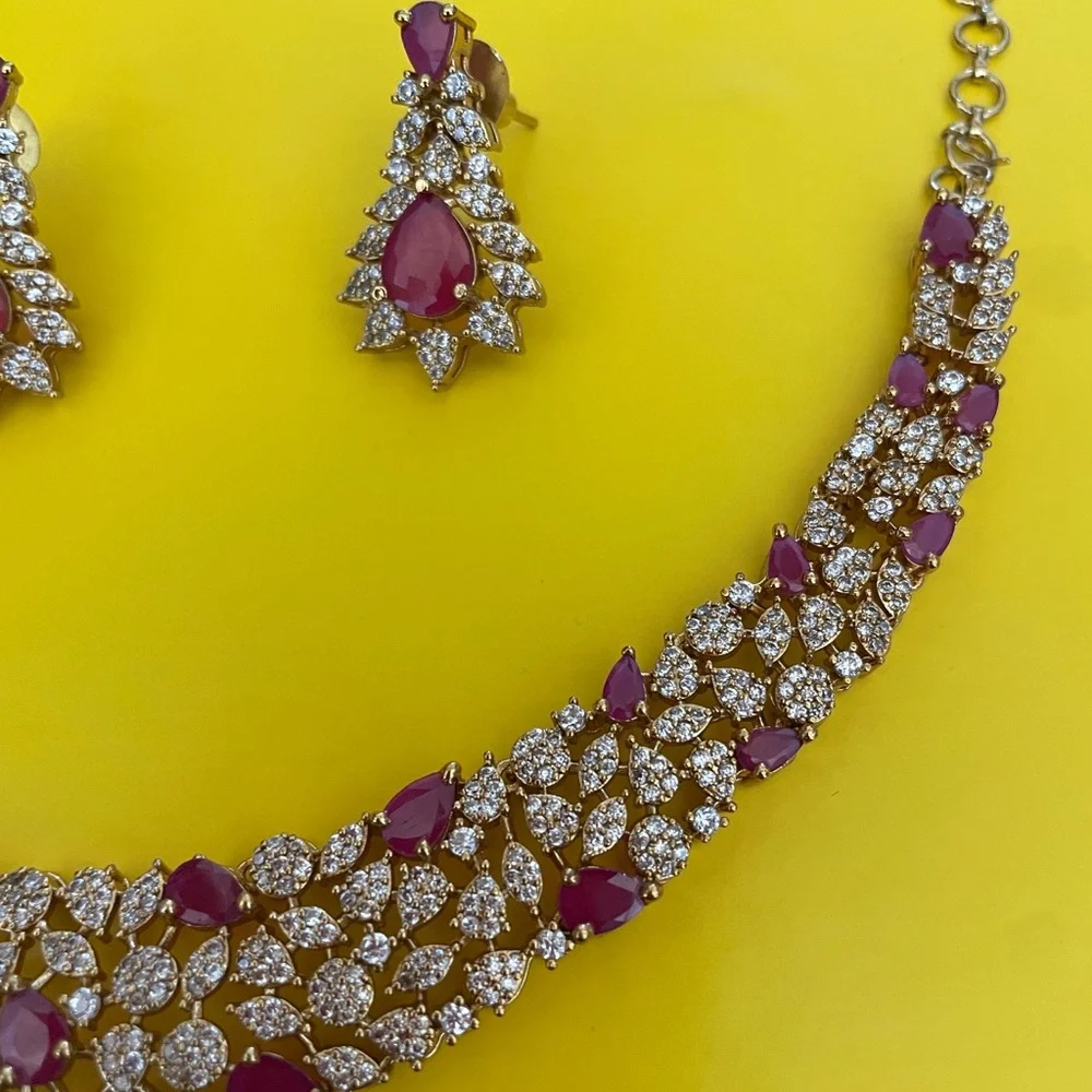 Gold-Tone Necklace & Earring Set with Pink Gem Accents